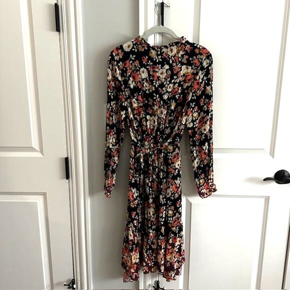 POL Floral Long Sleeve Tie-Back Ruffle Fall Dress Navy Small - Picture 5 of 7